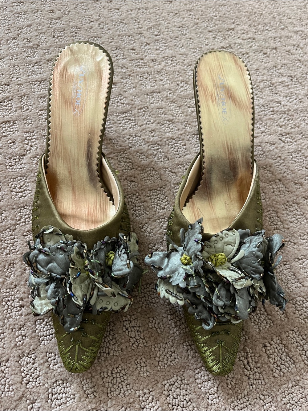 Never worn Luvshoes Olive Green Floral Embellished Women’s Heels